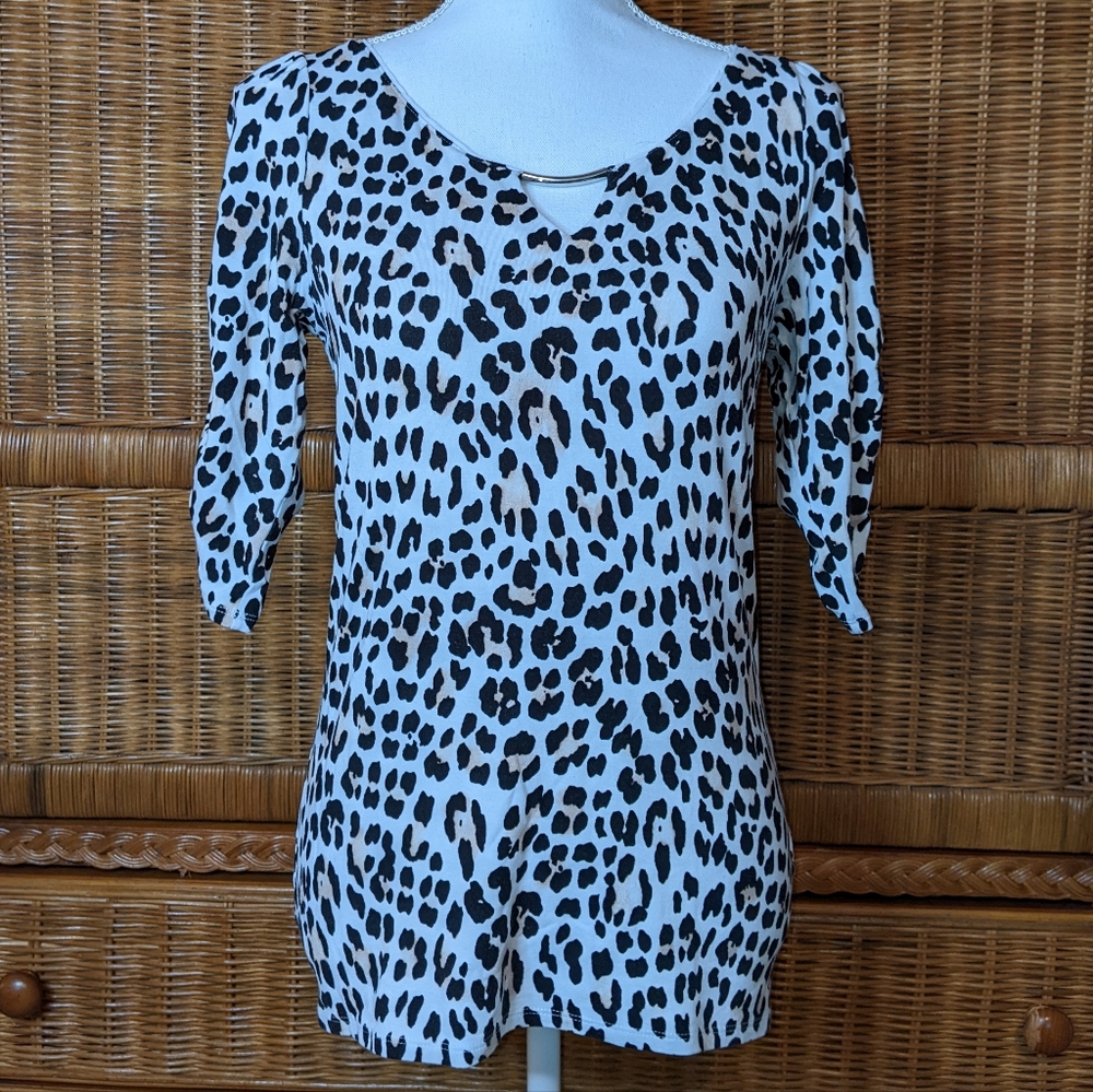 WHITE HOUSE BLACK MARKET LEOPARD PRINT TUNIC w/ 1/2 SLEEVE CINCHED SMALL
